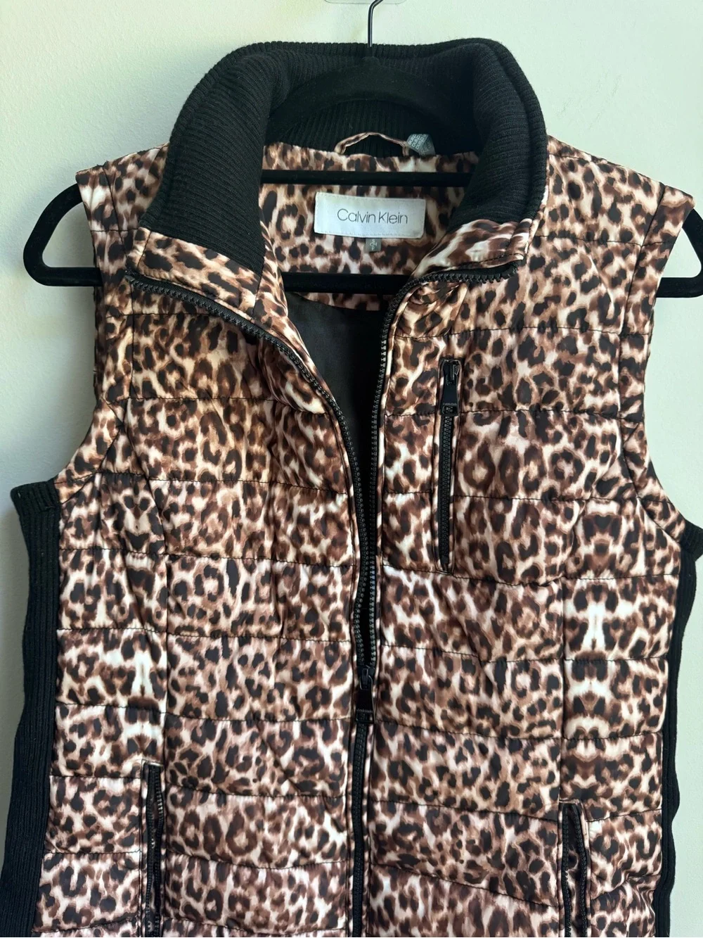 Calvin Klein Leopard Quilted Vest in Brown and Black